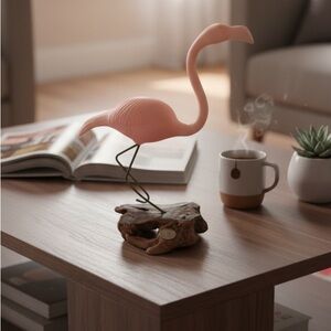 Vintage John Perry Pink Flamingo Sculpture On Burl Wood Figurine 11”